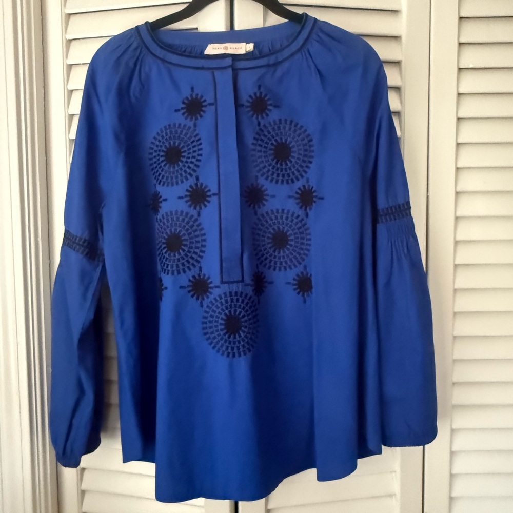 Tory Burch Royal Blue Blouse with Black Embroidery